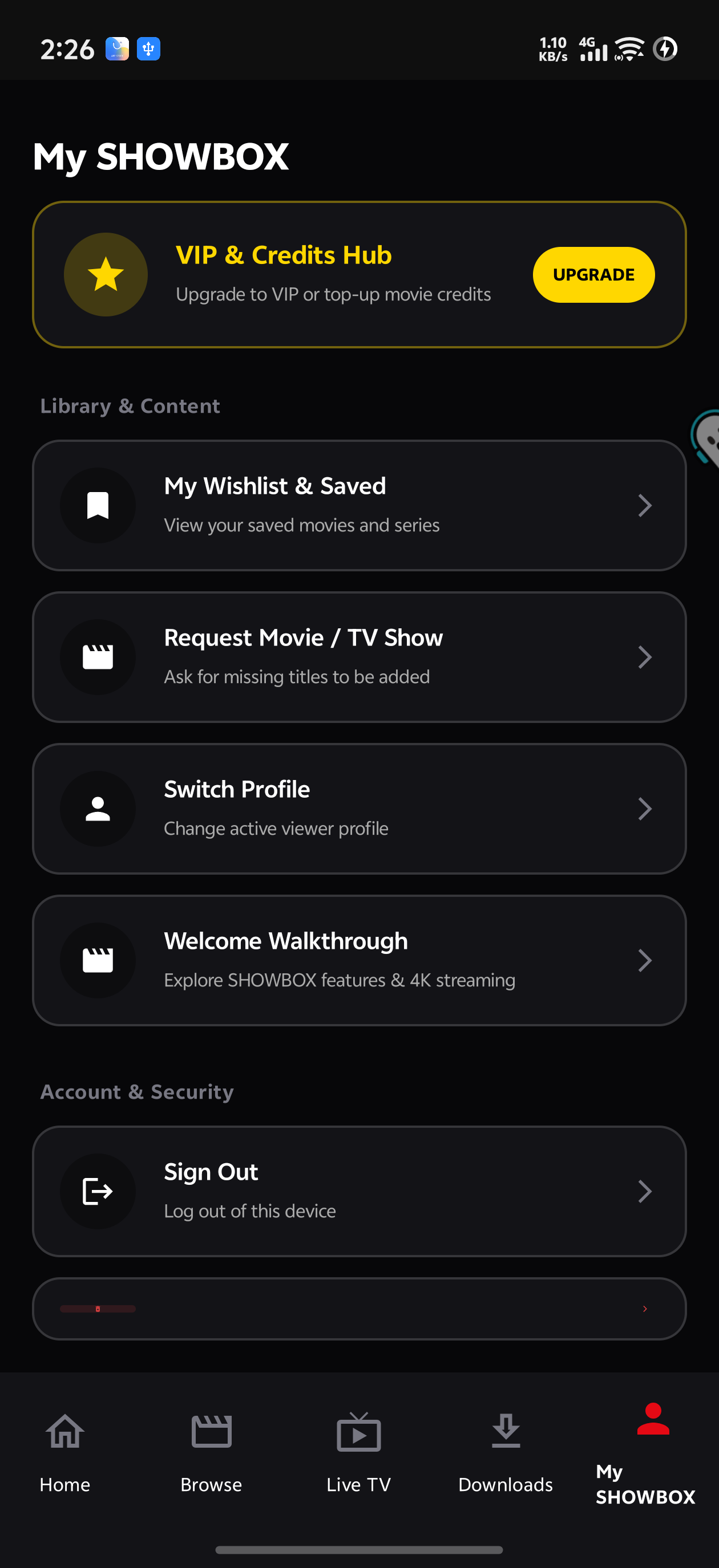 SHOWBOX Profile Screen