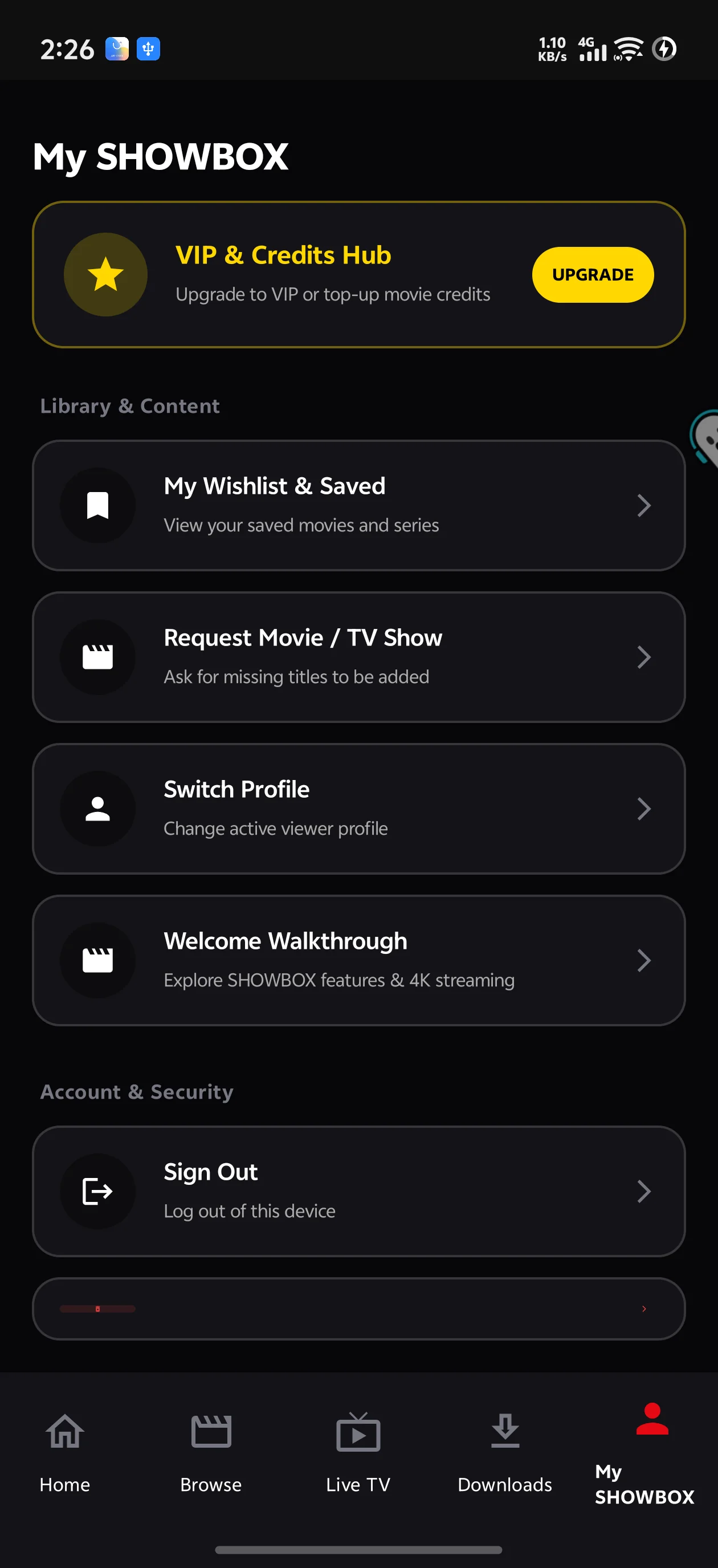 SHOWBOX Profile Screen